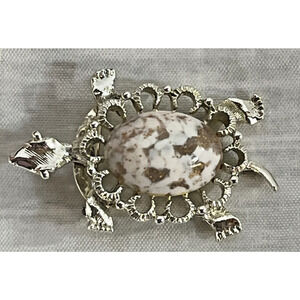 Vintage Gerrys Turtle Art Glass Cabochon Brooch Pin Marble Brown Gold 2.25"
